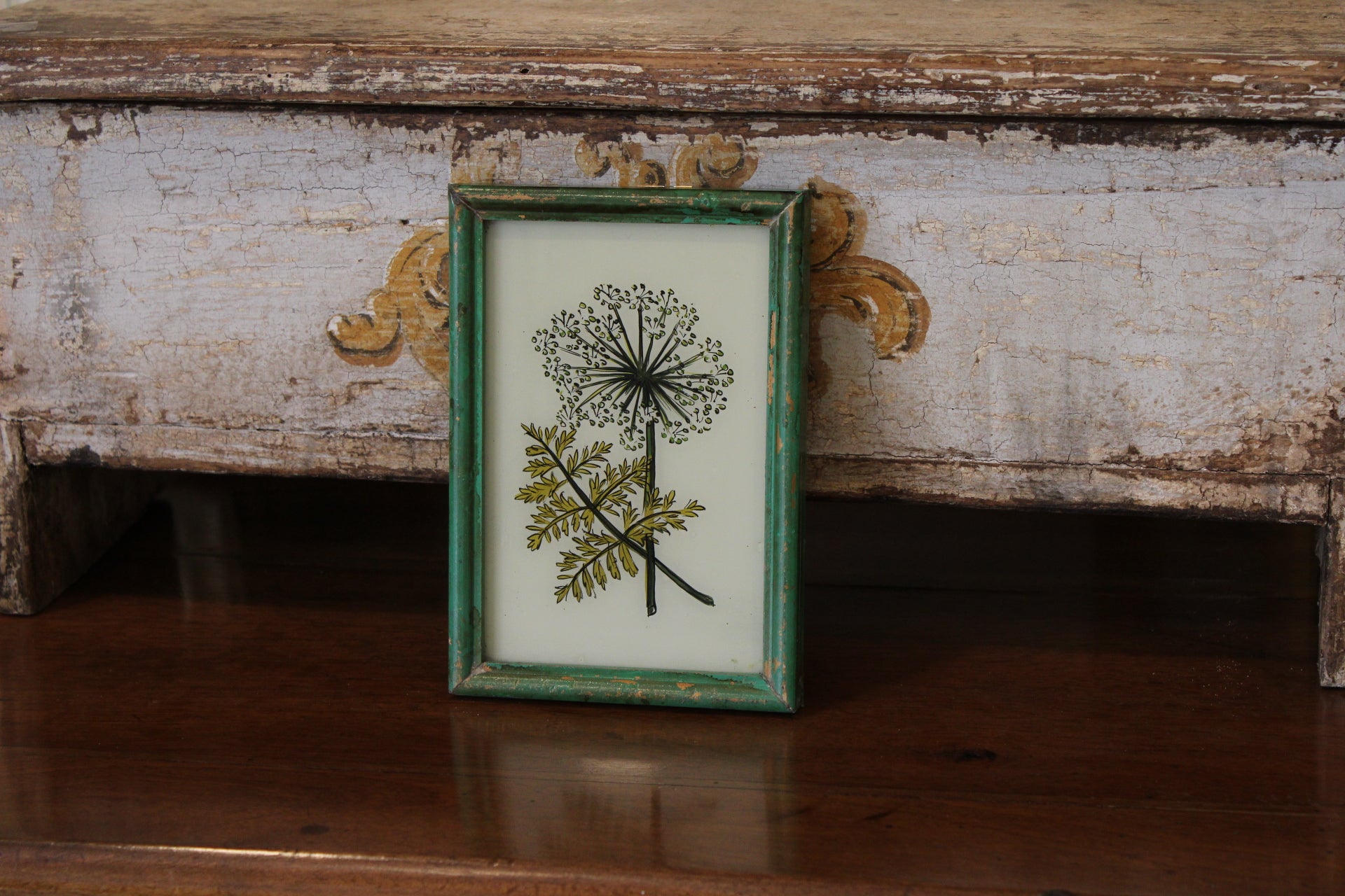 Vintage Reverse Glass Floral in a Green Reeded frame