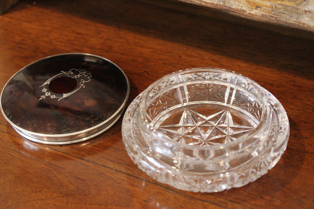 Antique Crystal, Sterling Silver & Tortoiseshell Lift-Top Dresser Box / Hair Receiver