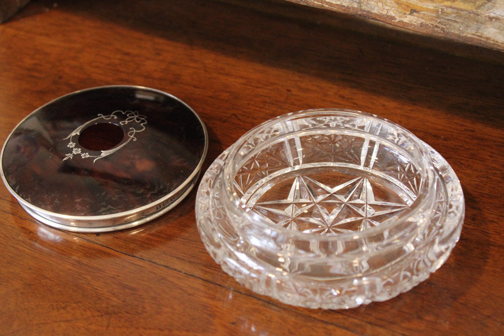 Antique Crystal, Sterling Silver & Tortoiseshell Lift-Top Dresser Box / Hair Receiver