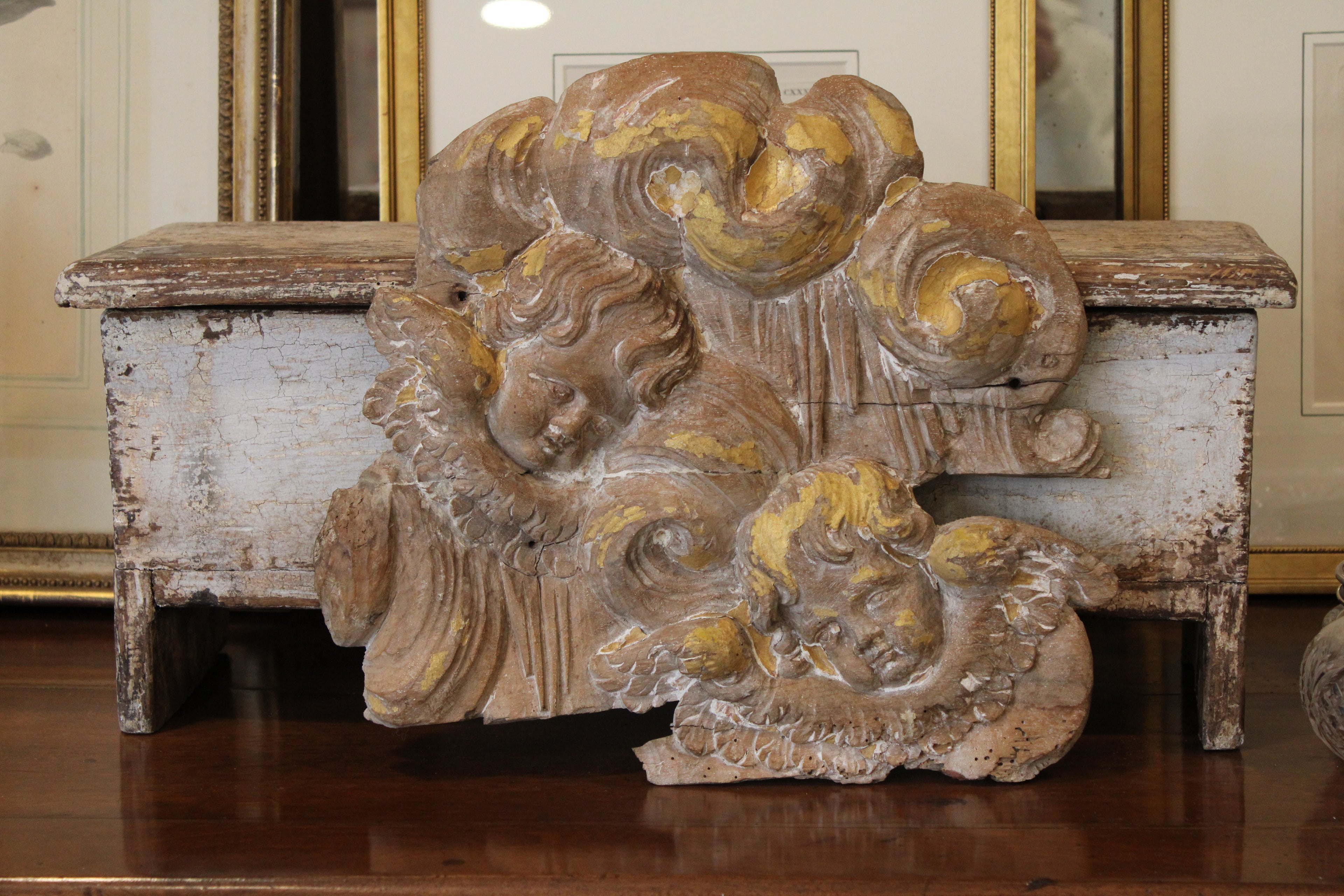 Antique 18th Century Italian Painted Polychrome Wood Carved Angel