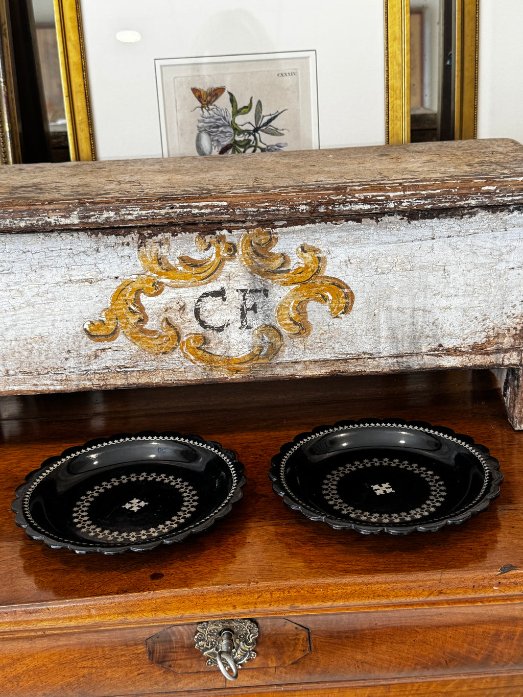 Pair Papier Mache with Pewter Inlay Plates/Coasters - Victorian Circa 1840