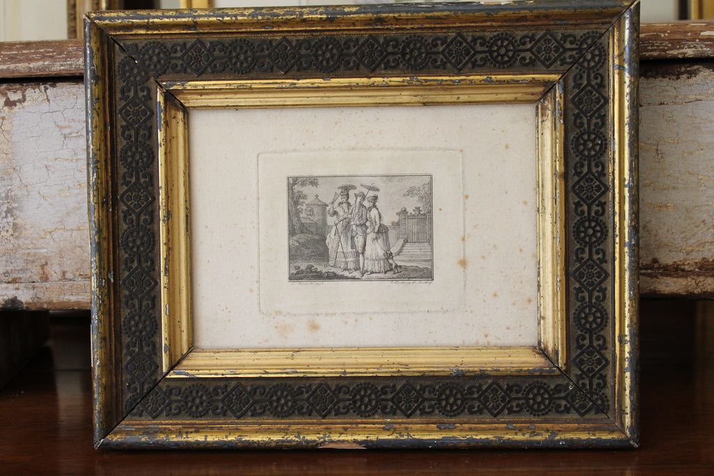 Antique Engraving of Three Victorian Women in Antique Frame