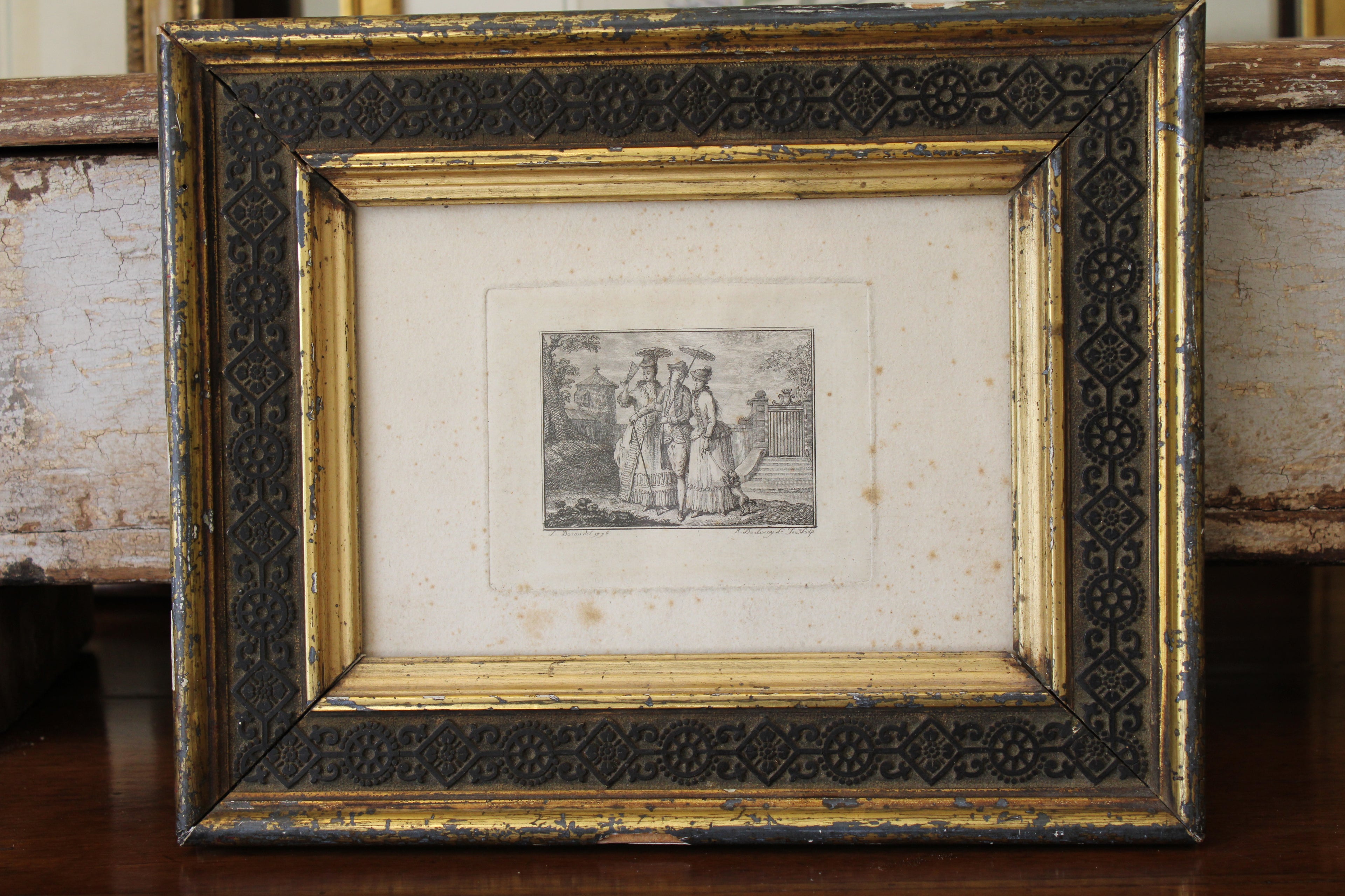 Antique Engraving of Three Victorian Women in Antique Frame