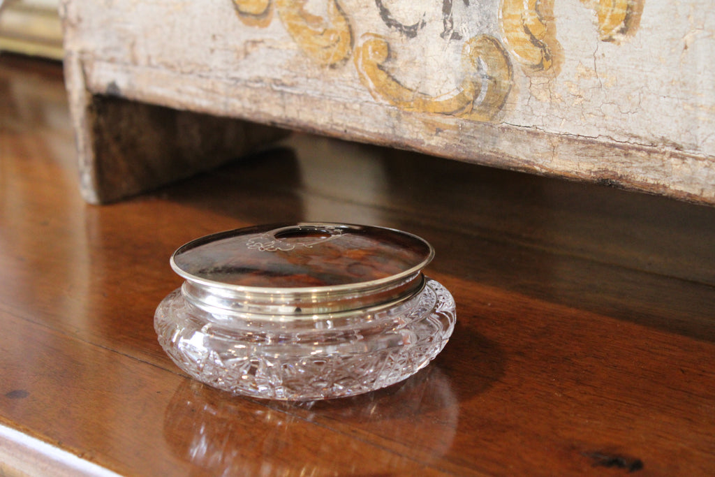 Antique Crystal, Sterling Silver & Tortoiseshell Lift-Top Dresser Box / Hair Receiver