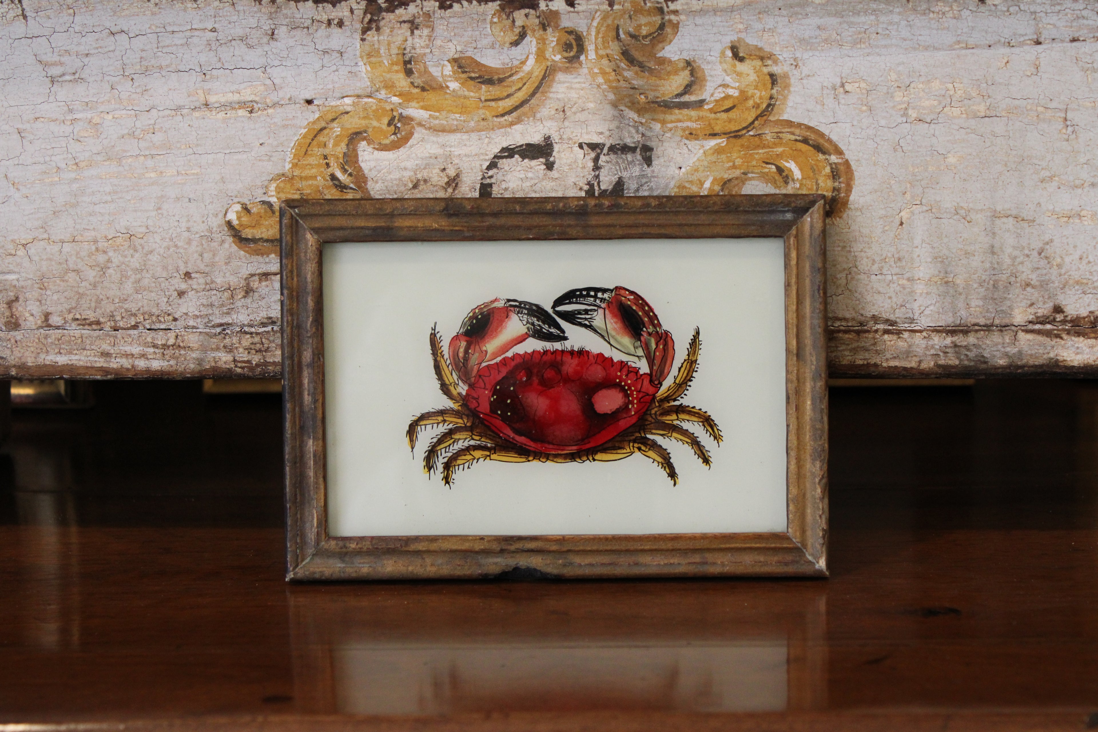 Vintage Reverse Glass Red Crab in a Brown Reeded Frame