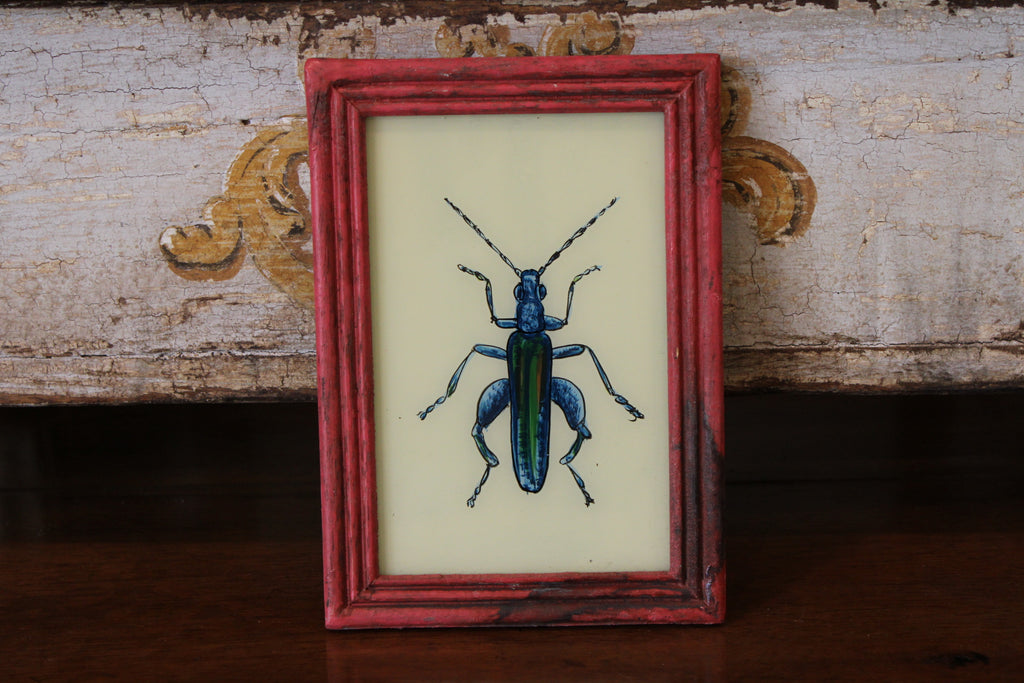 Vintage Reverse Glass Bright Blue Insect in a Pink Reeded Frame