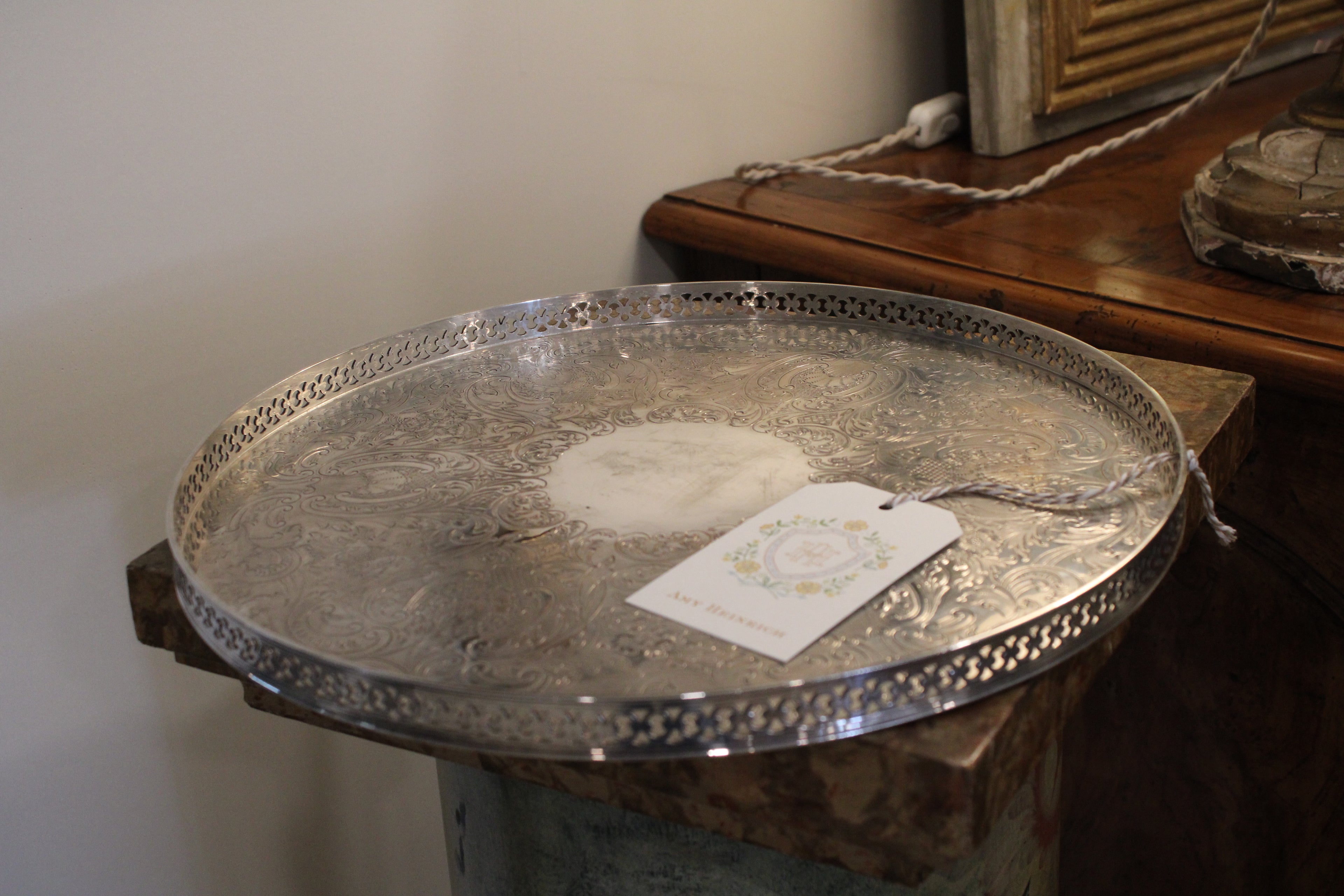 Vintage Barker Ellis Silver Plate Round Serving Tray With Gallery Made in England.