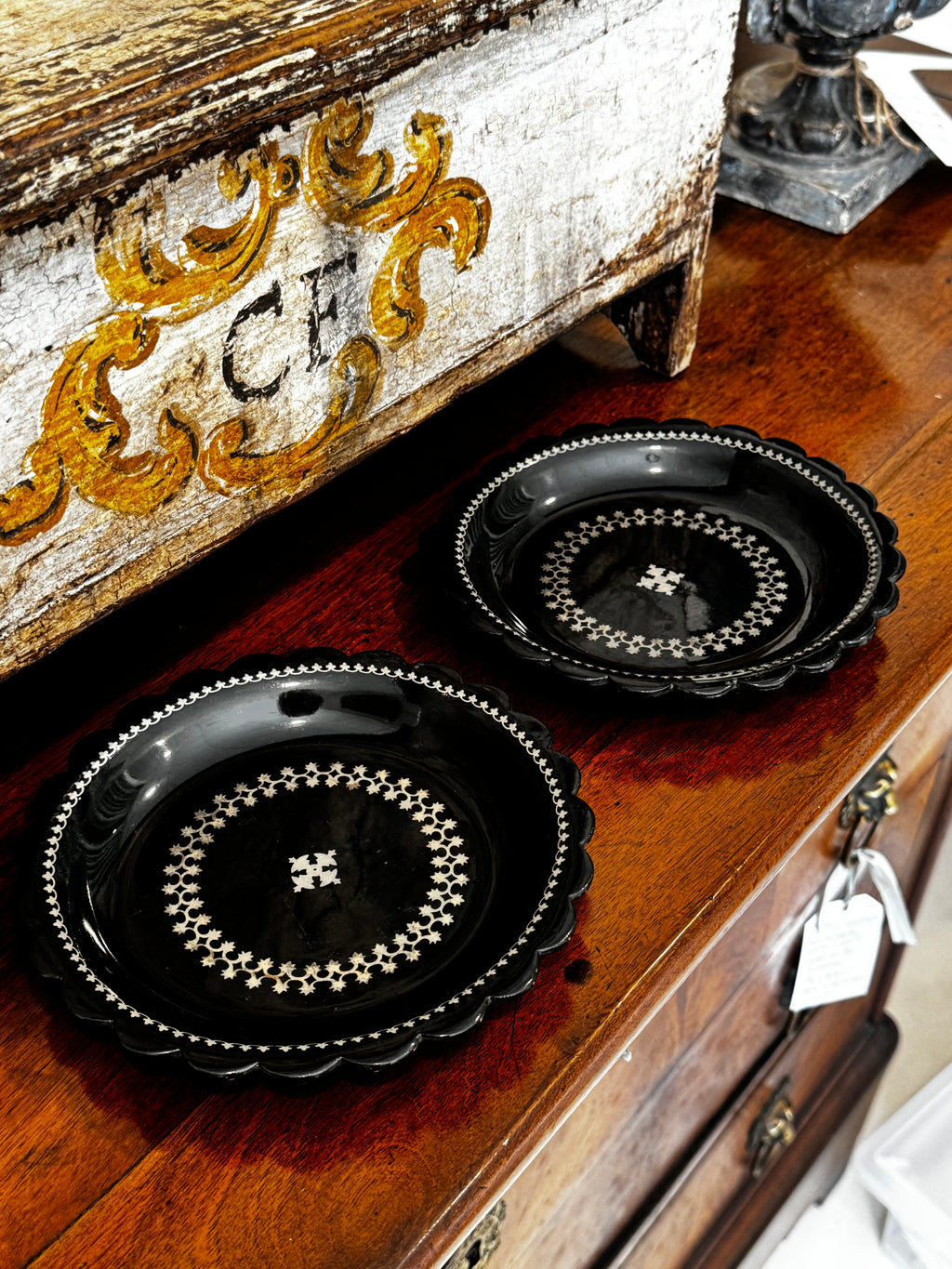 Pair Papier Mache with Pewter Inlay Plates/Coasters - Victorian Circa 1840