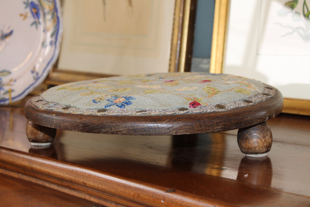 Antique Round Wooden Footstool – Light Blue Needlework with Berries, Ferns & Butterflies