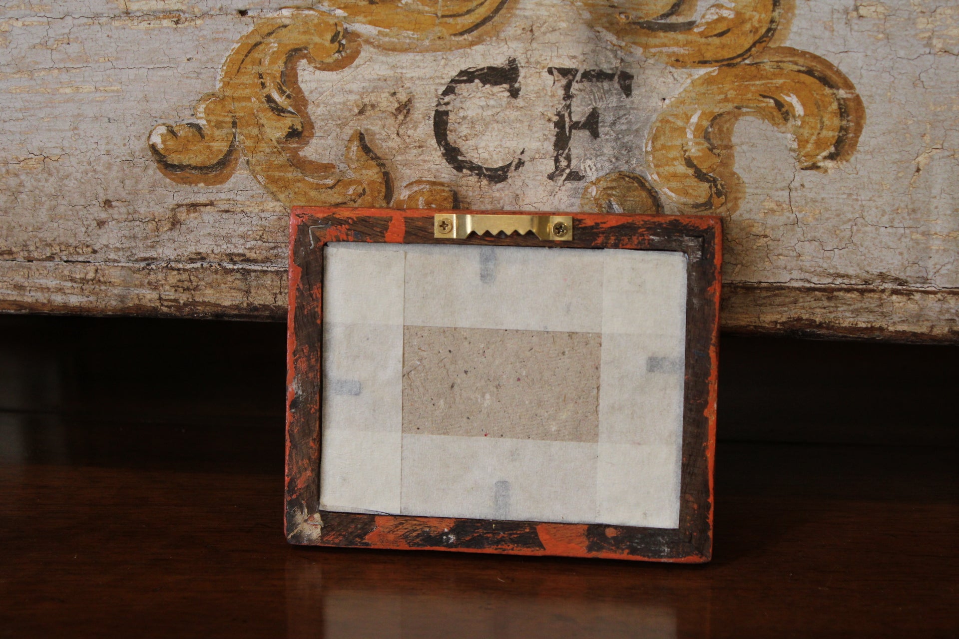 Vintage Reverse Glass Ship with Orange Frame