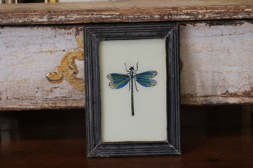 Vintage Reverse Glass Blue Dragonfly in a Grey Reeded Frame