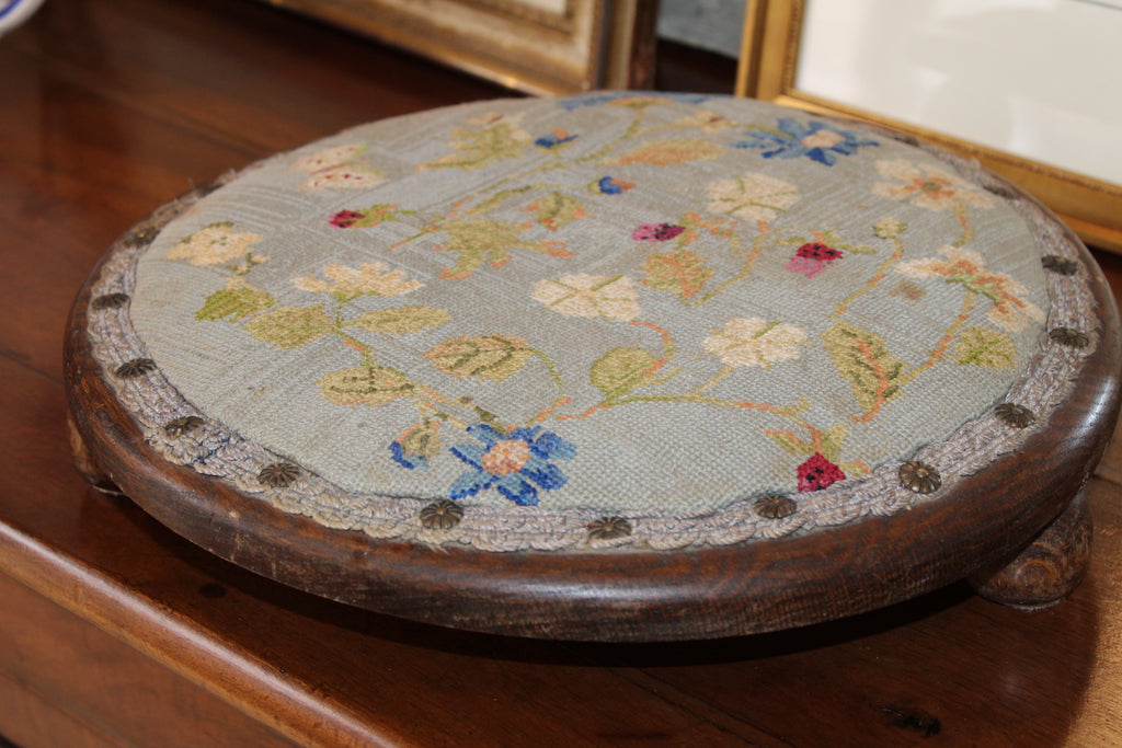 Antique Round Wooden Footstool – Light Blue Needlework with Berries, Ferns & Butterflies