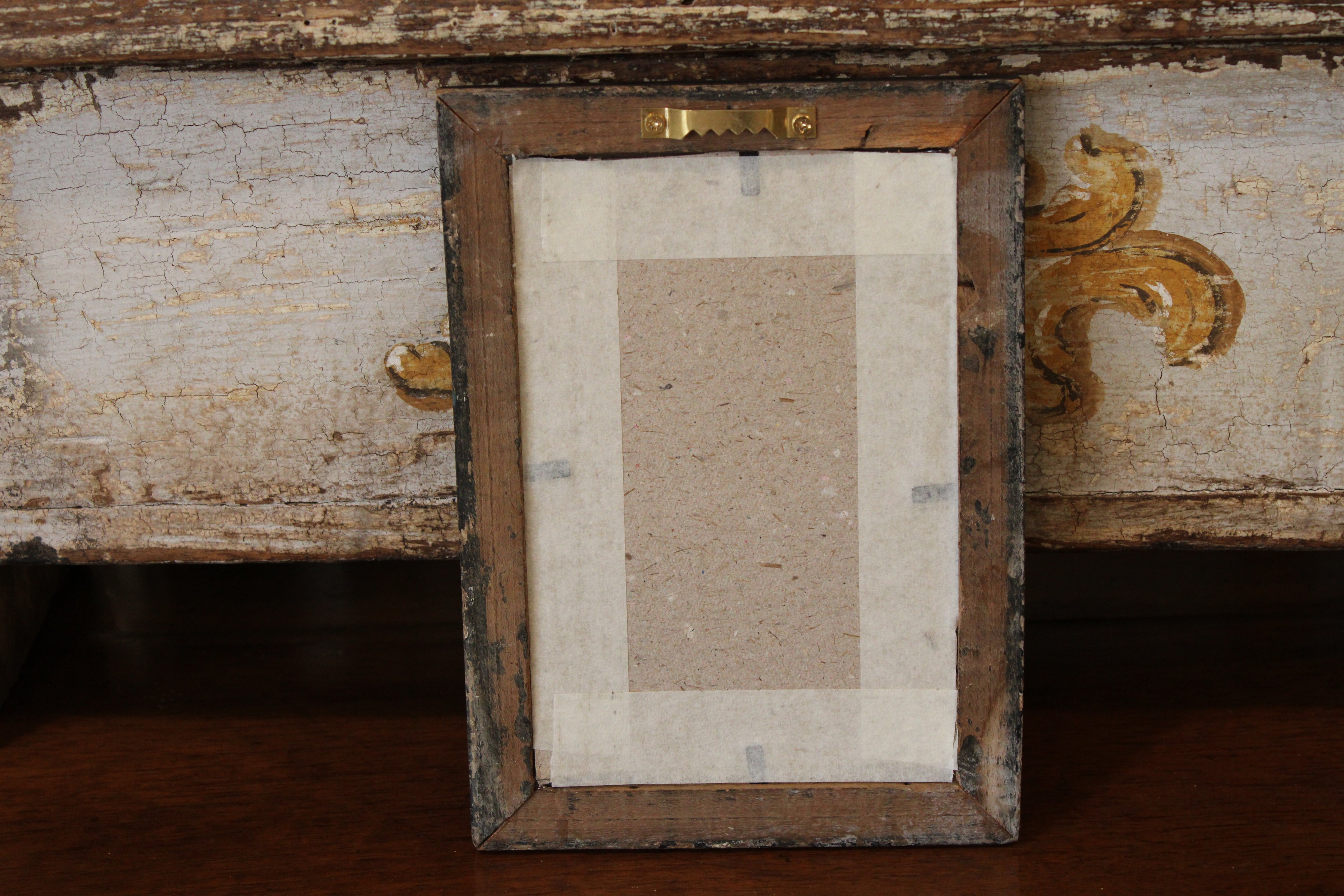 Vintage Reverse Glass Orange Flowers in a Distressed Dark Reeded Frame