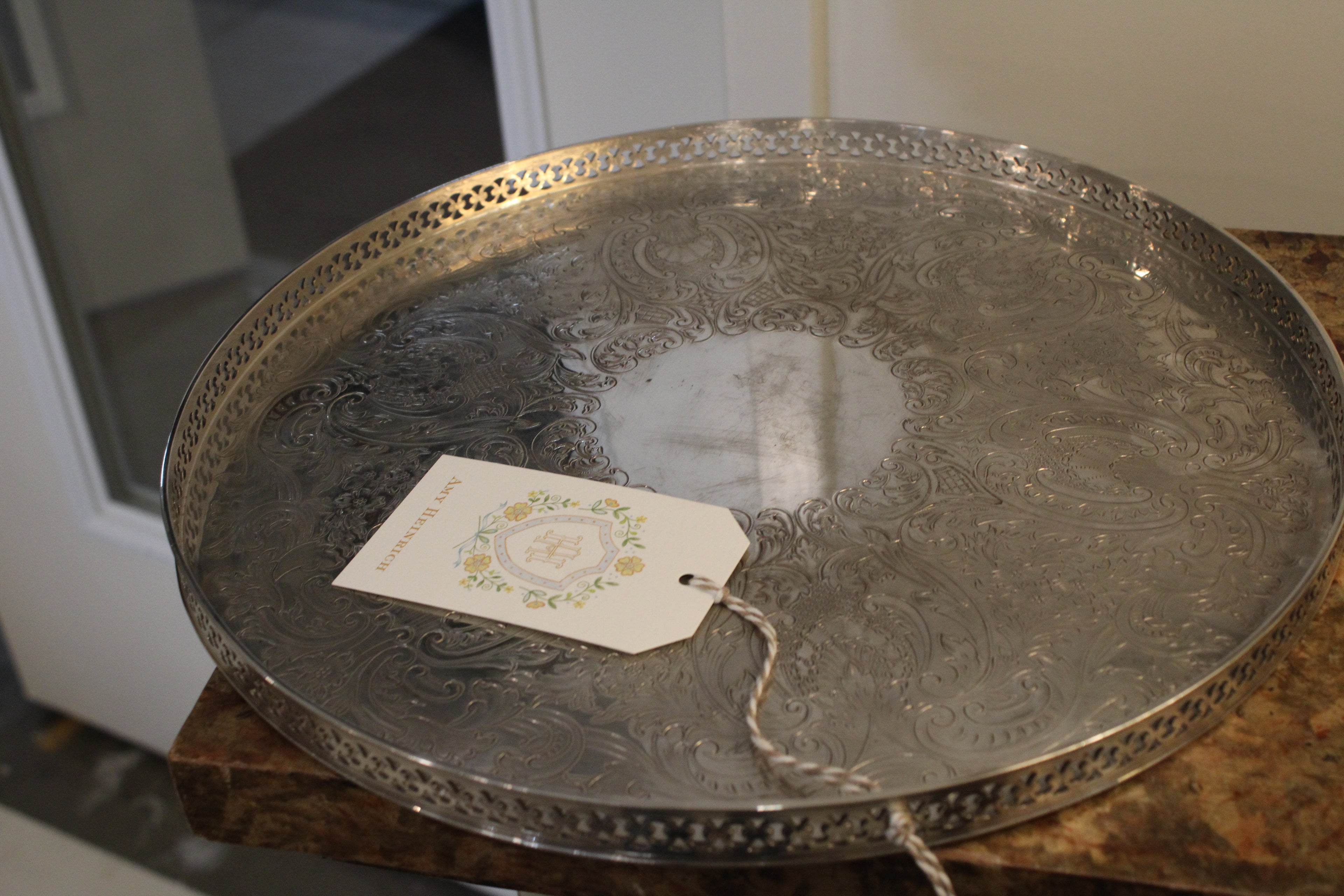 Vintage Barker Ellis Silver Plate Round Serving Tray With Gallery Made in England.