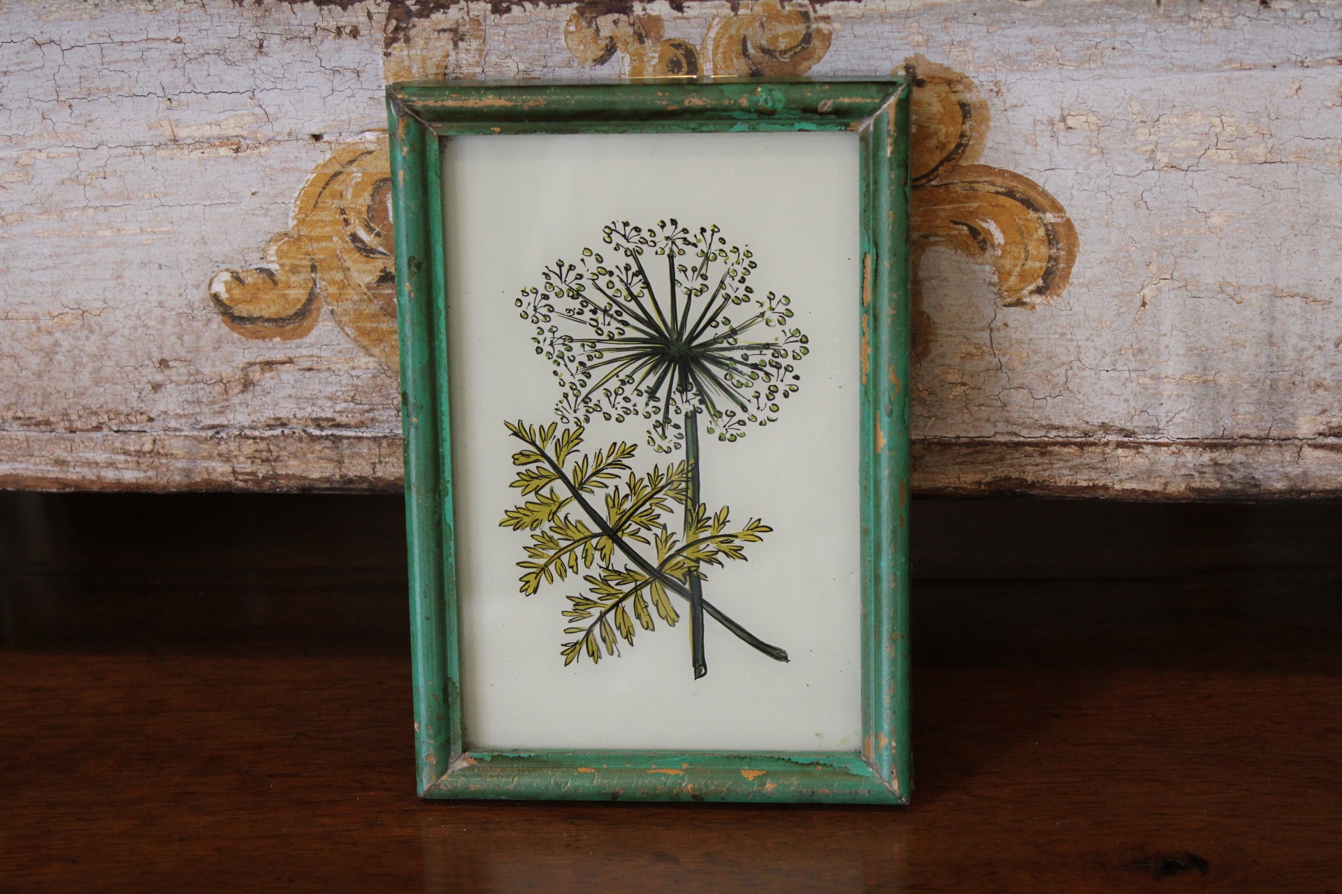 Vintage Reverse Glass Floral in a Green Reeded frame