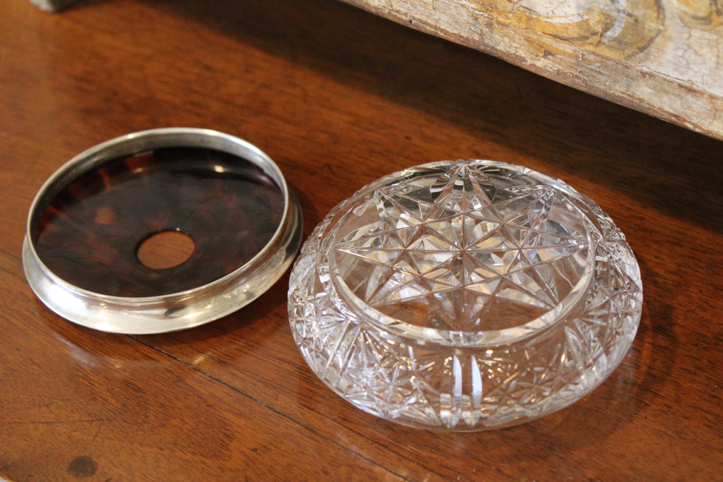 Antique Crystal, Sterling Silver & Tortoiseshell Lift-Top Dresser Box / Hair Receiver