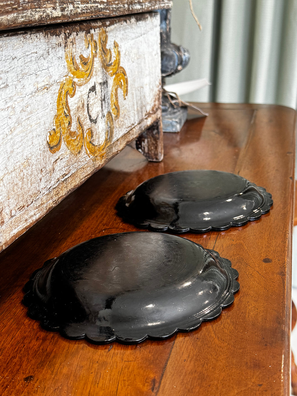 Pair Papier Mache with Pewter Inlay Plates/Coasters - Victorian Circa 1840