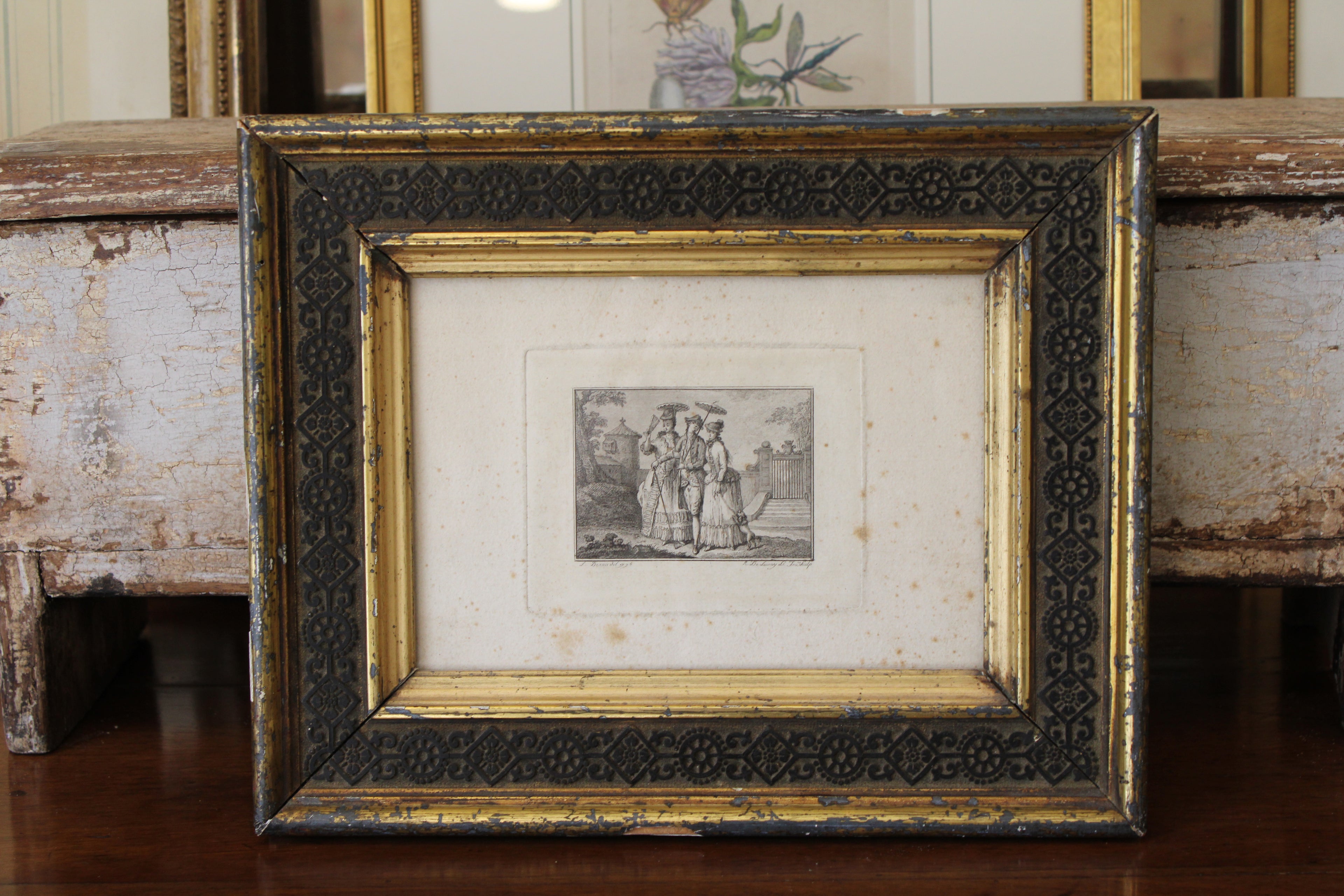 Antique Engraving of Three Victorian Women in Antique Frame