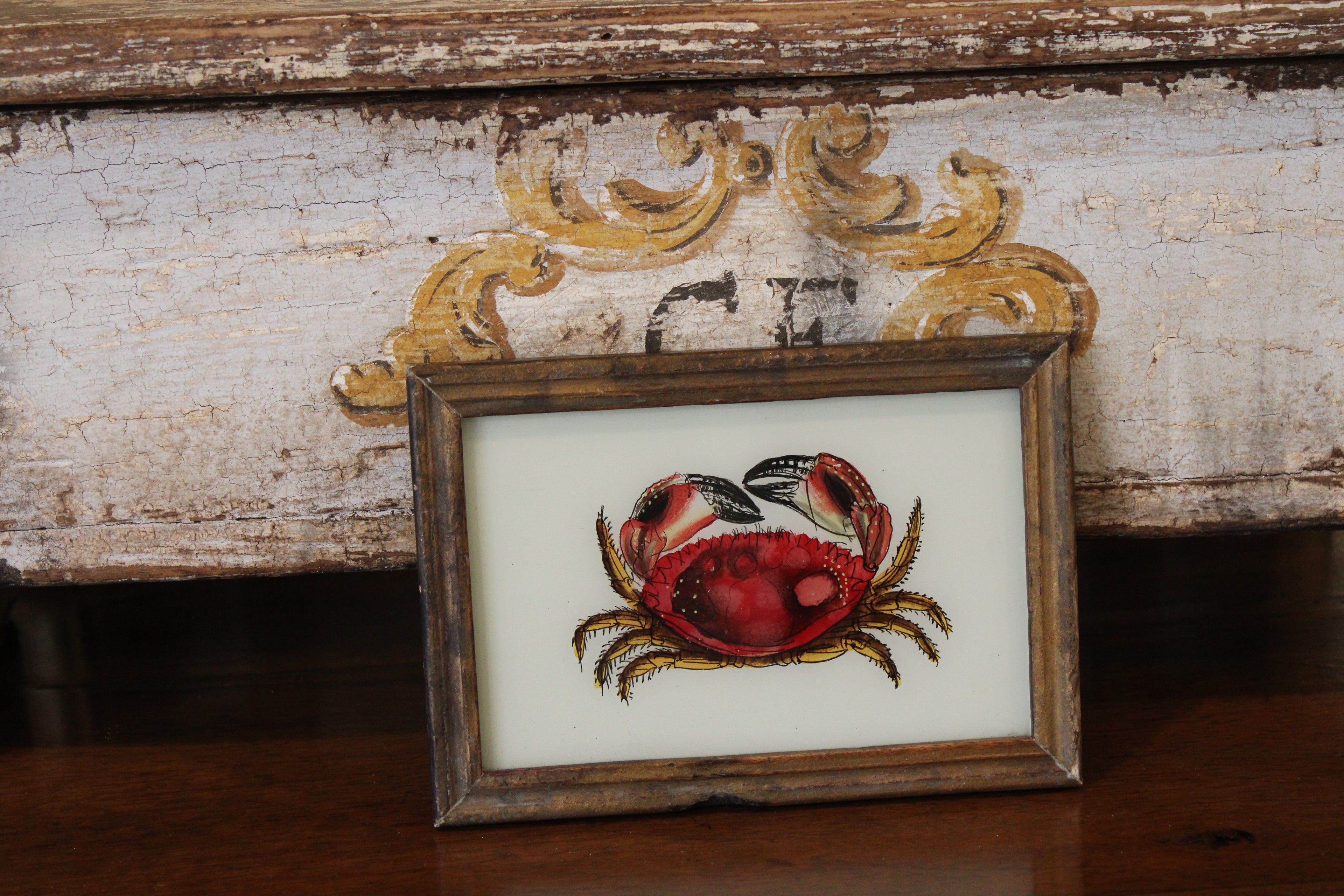 Vintage Reverse Glass Red Crab in a Brown Reeded Frame