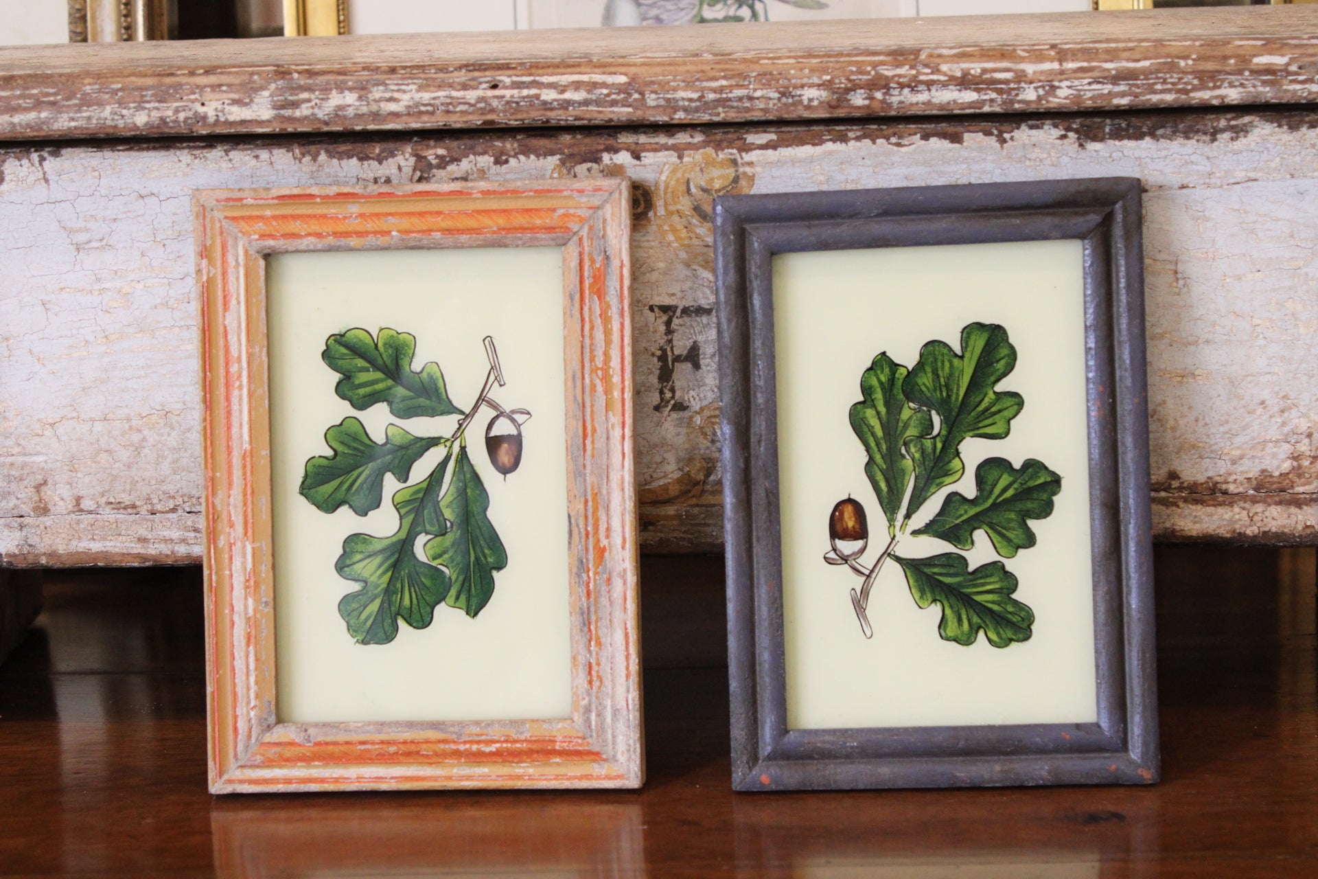 Vintage Reverse Glass Acorn with Oak Leaf in a Grey Reeded Frame