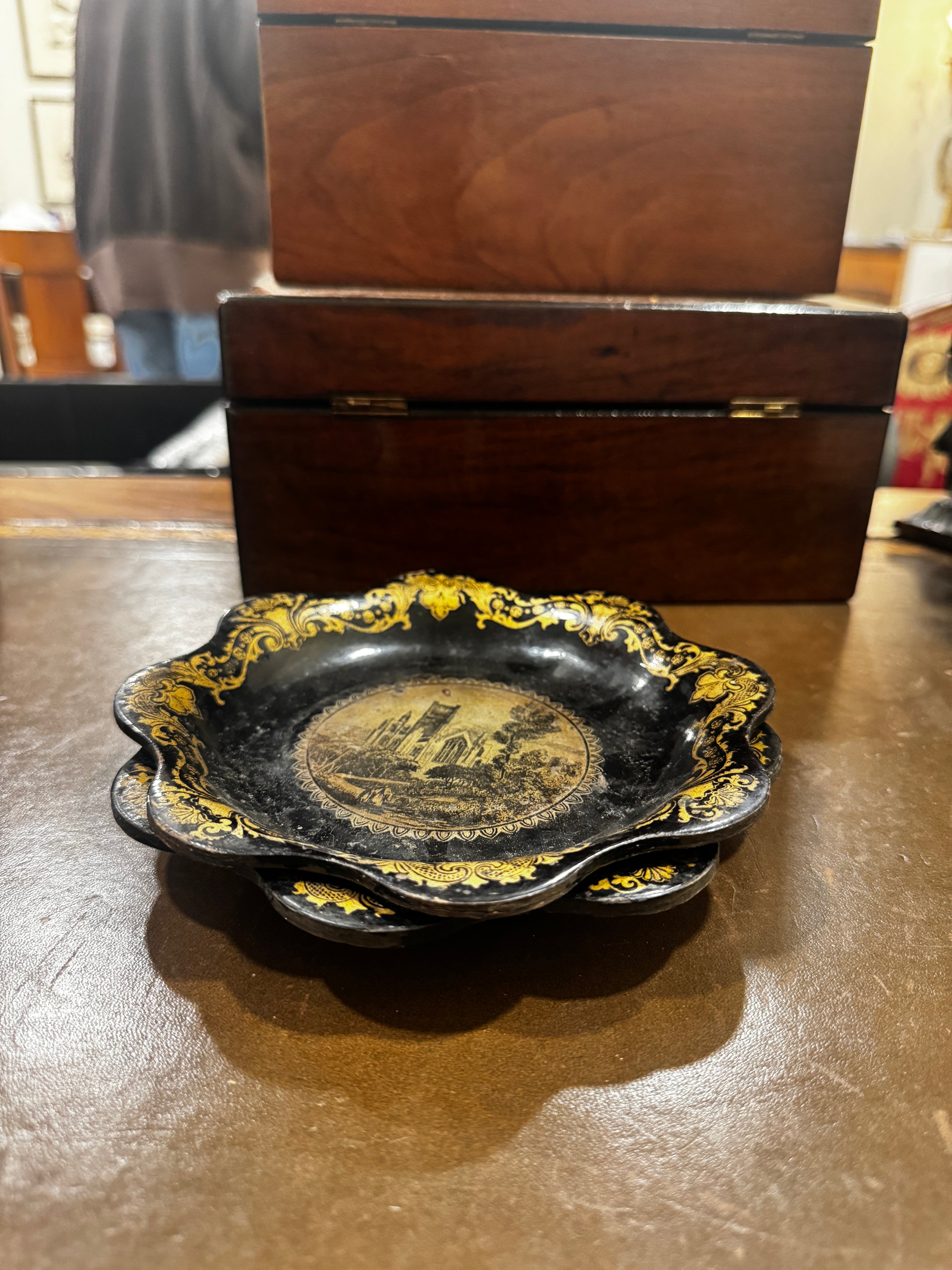 Pair Papier Mache with Pewter Inlay Plates/Coasters - Victorian Circa 1840 (Gold & Black)