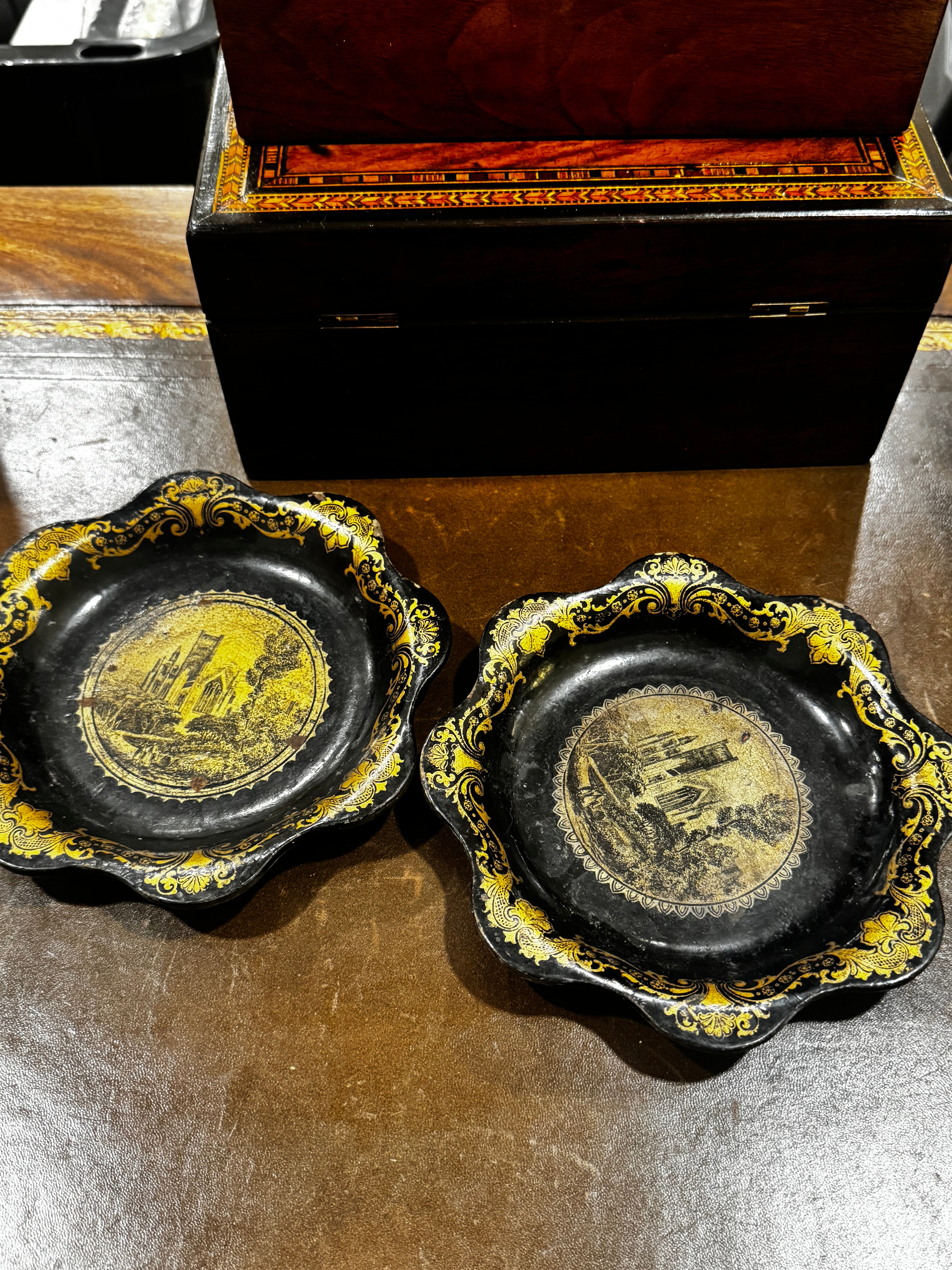 Pair Papier Mache with Pewter Inlay Plates/Coasters - Victorian Circa 1840 (Gold & Black)
