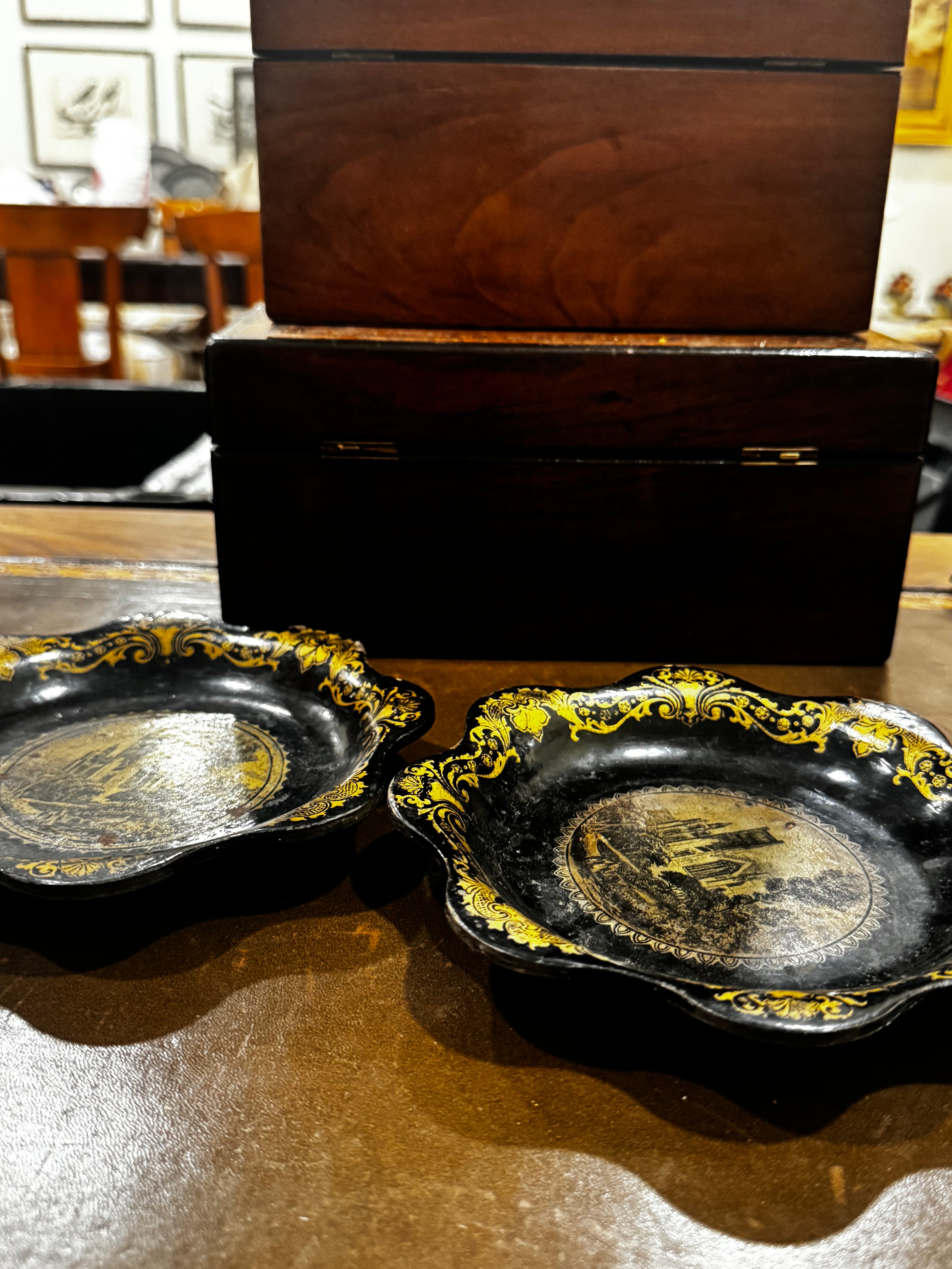 Pair Papier Mache with Pewter Inlay Plates/Coasters - Victorian Circa 1840 (Gold & Black)