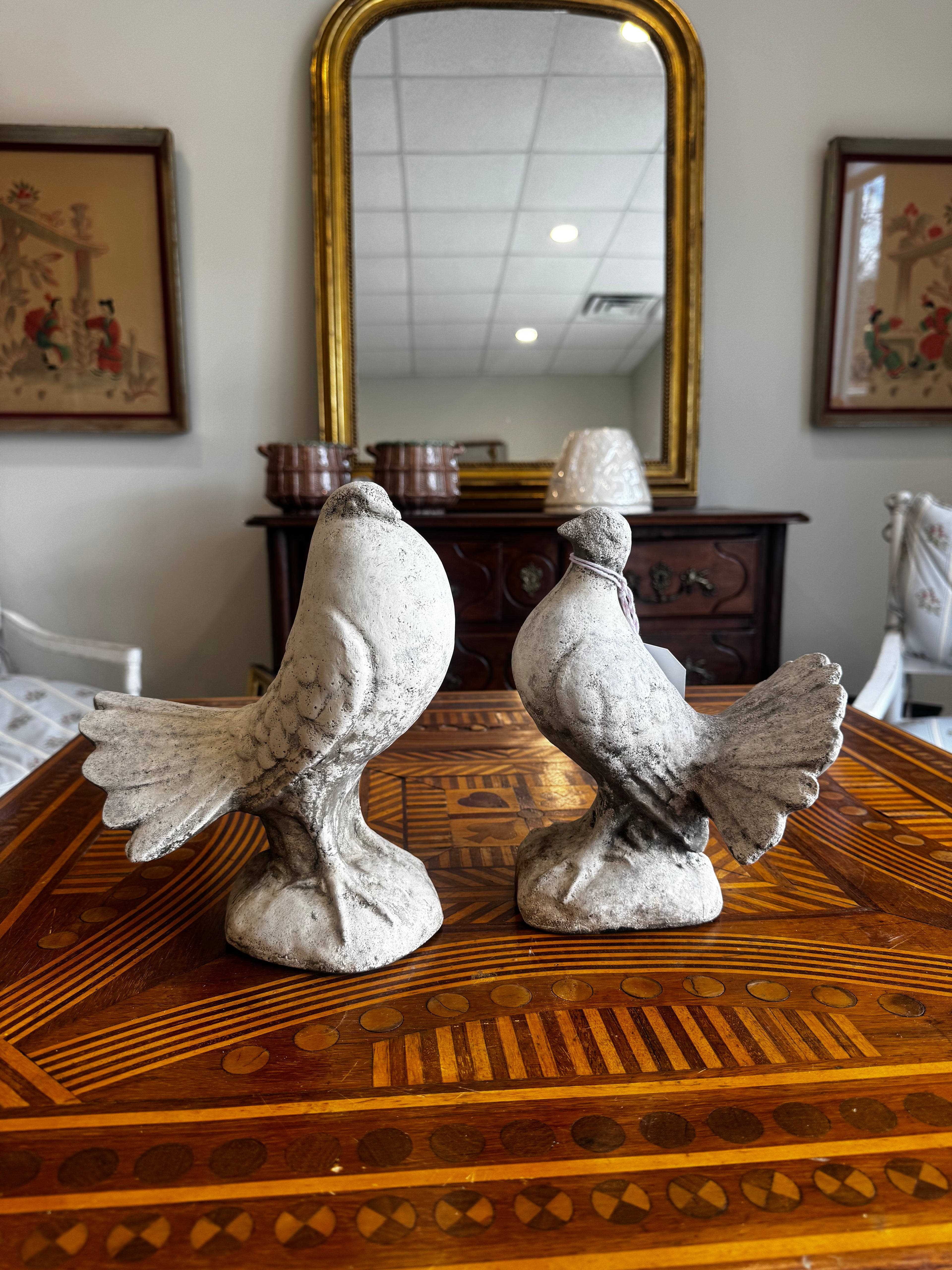 Pair of Vintage Concrete Dove - Garden Ornaments
