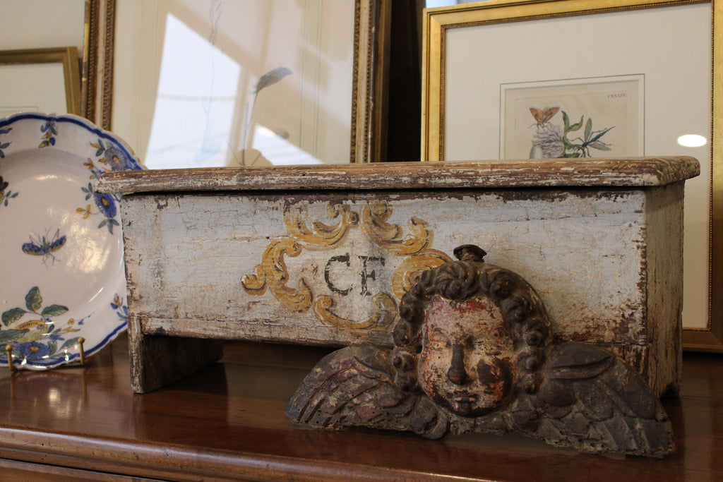 Antique 18th Century Italian Painted Polychrome Wood Carved Angel/Putti Fragment