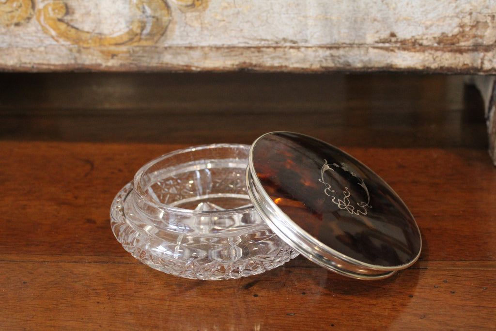 Antique Crystal Dresser Jar with Sterling Silver and Faux Tortoiseshell (Larger)