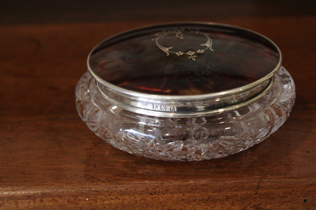 Antique Crystal Dresser Jar with Sterling Silver and Faux Tortoiseshell (Larger)