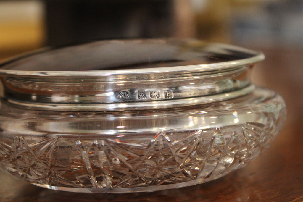 Antique Crystal Dresser Jar with Sterling Silver and Faux Tortoiseshell (Larger)
