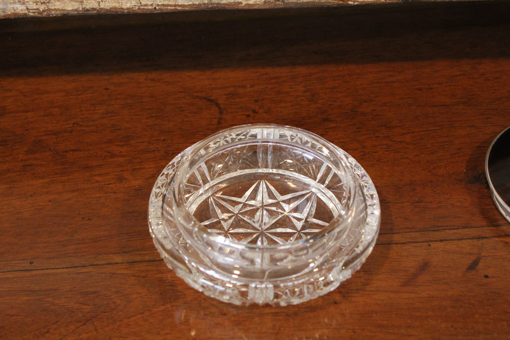 Antique Crystal Dresser Jar with Sterling Silver and Faux Tortoiseshell (Larger)