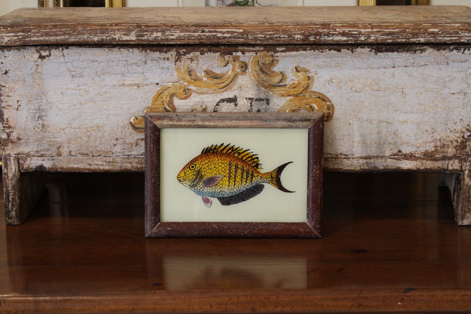 Vintage Reverse Glass Yellow Fish with Brown Frame