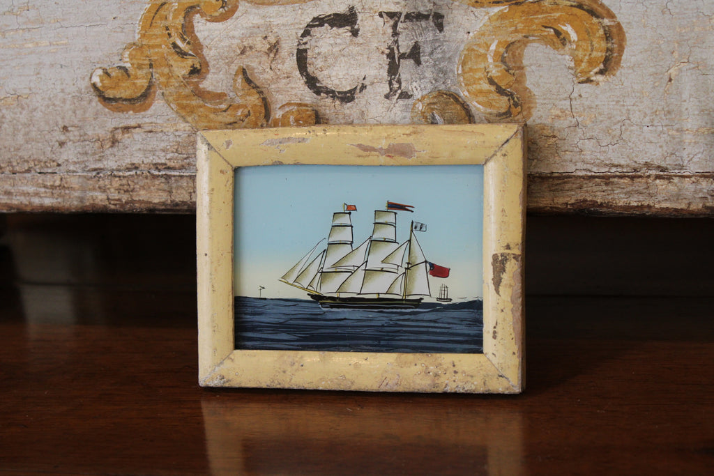 Vintage Reverse Glass Ship with Cream Frame