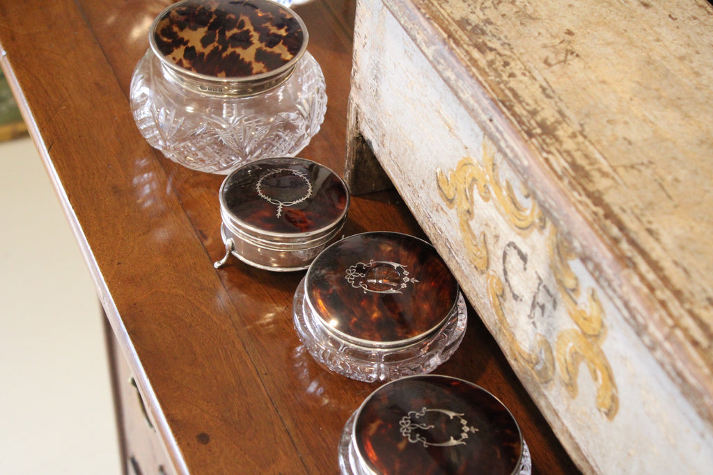 Antique Crystal Dresser Jar with Sterling Silver and Faux Tortoiseshell (Larger)