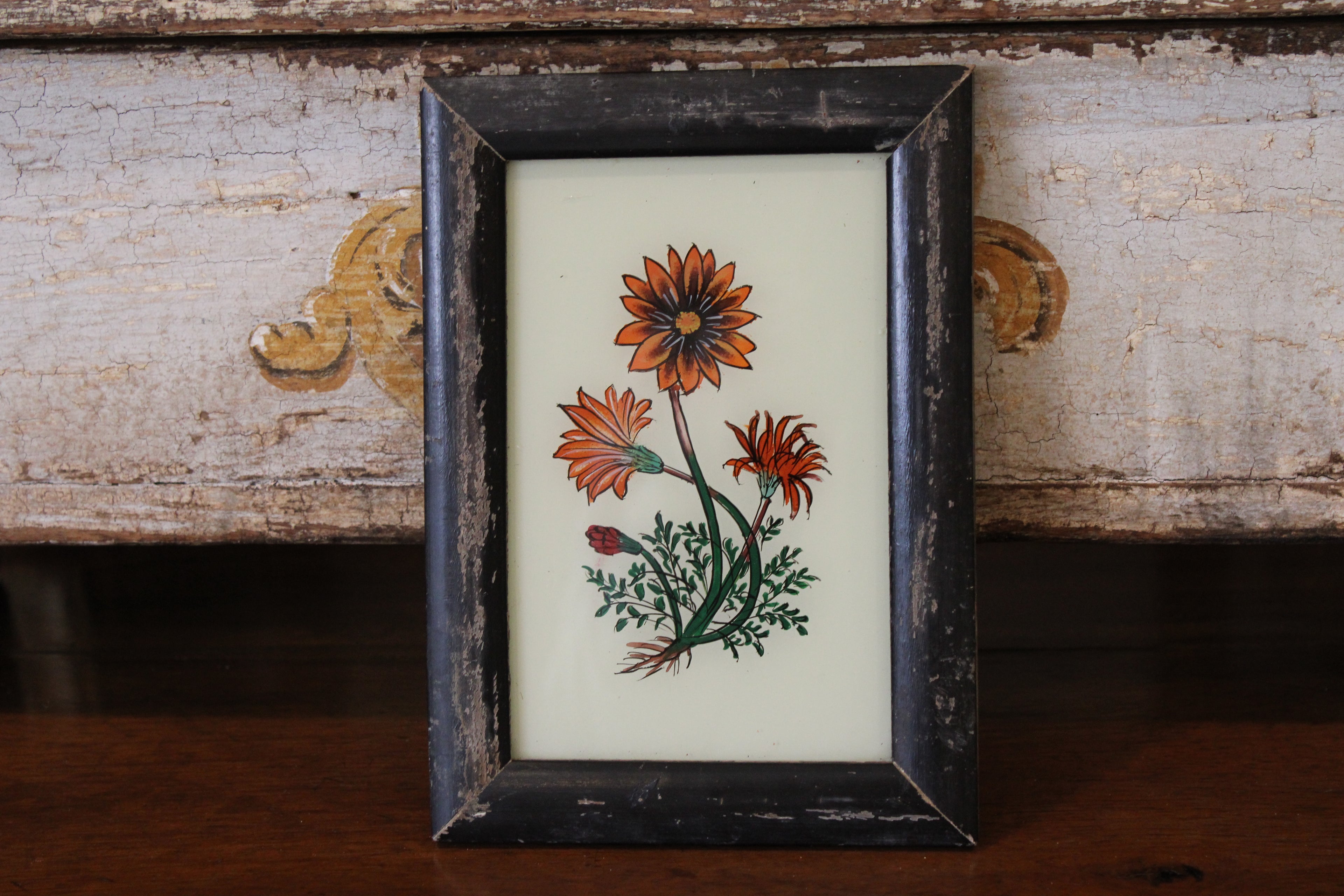 Vintage Reverse Glass Orange Flowers in a Distressed Dark Reeded Frame