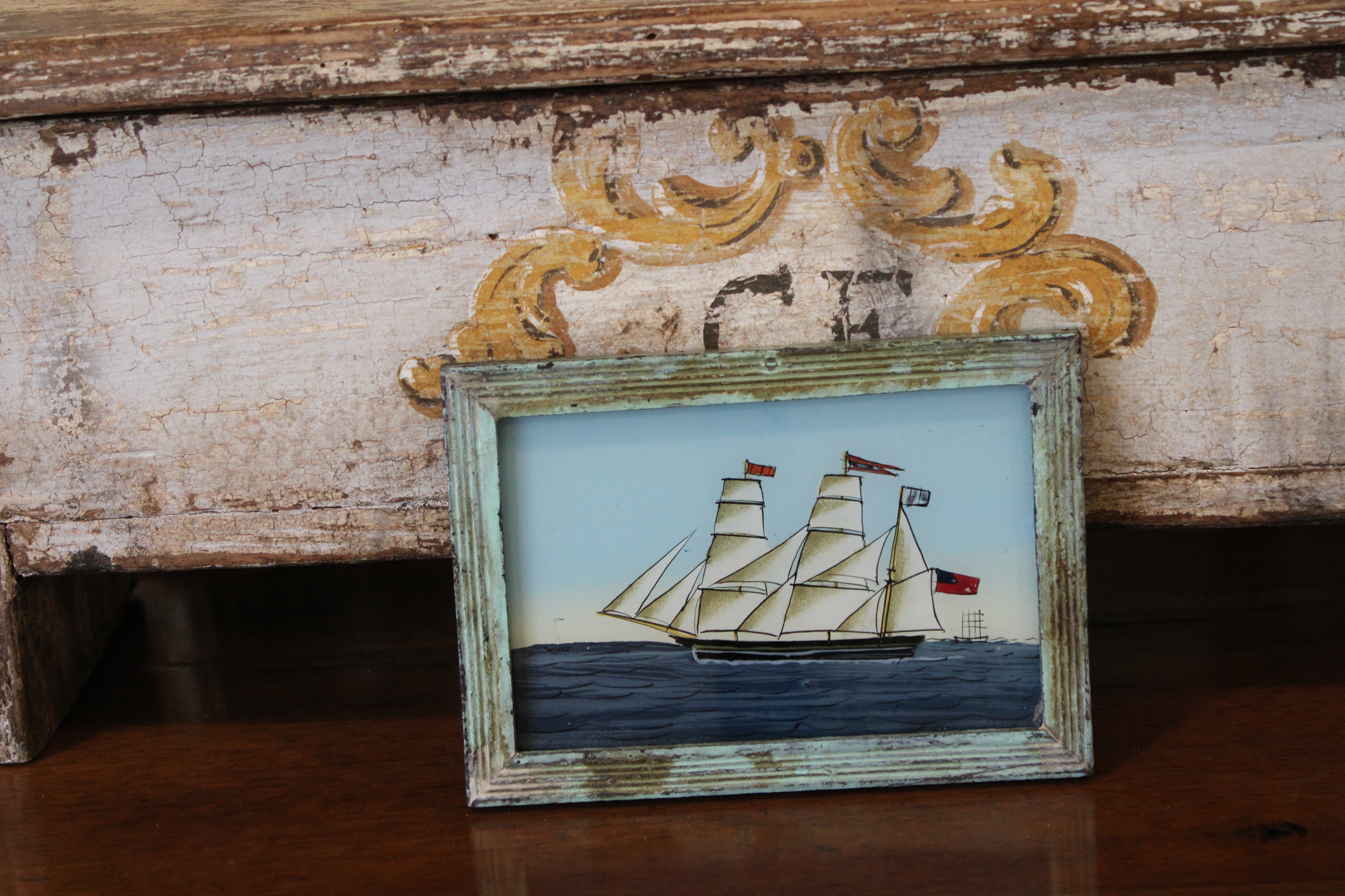 Vintage Reverse Glass Ship with Distressed Blue Frame